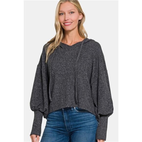 Zenana Brushed Hacci Drop Shoulder Cropped Hoodie - Picture 1 of 3